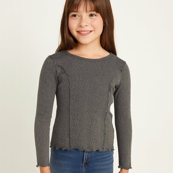 TRUCE Other - TRUCE Long Sleeve Crinkle Knit Lettuce Hem Top – Gray – Size 10-12